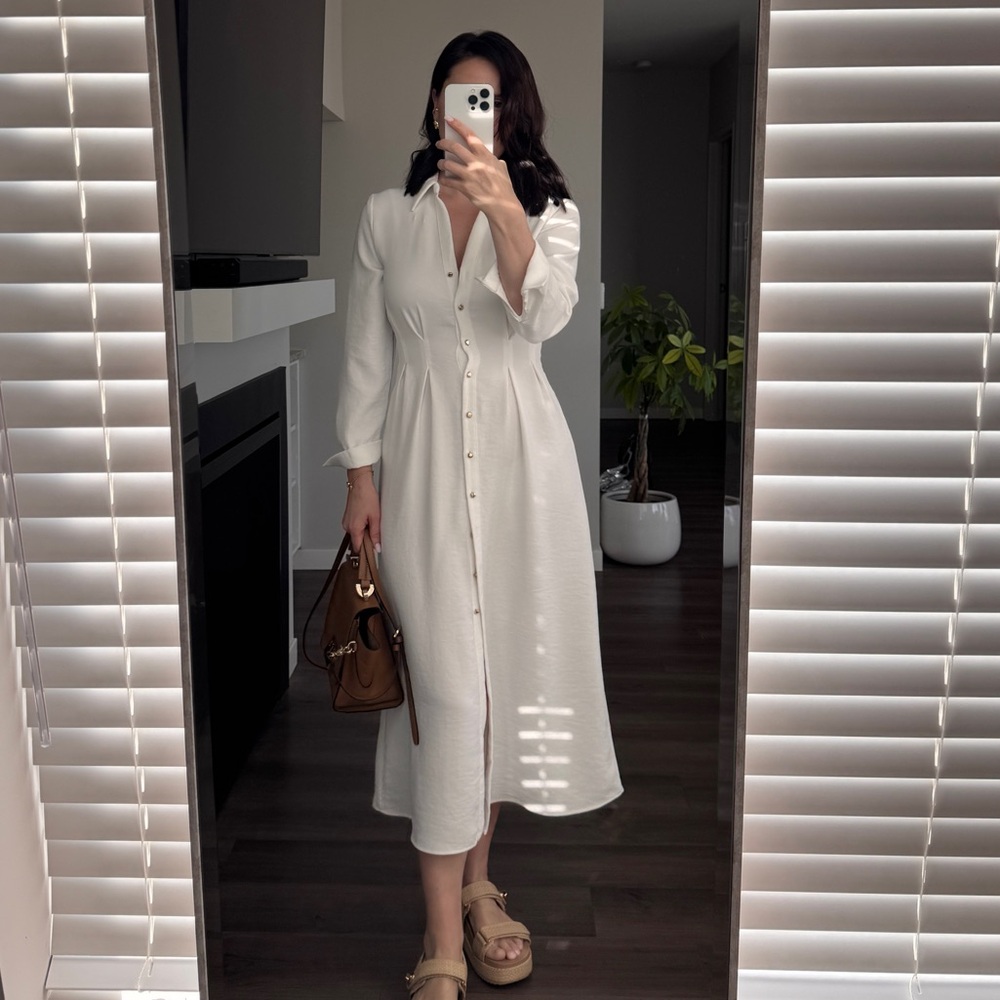 Zara White Button-Front Collared Midi Dress